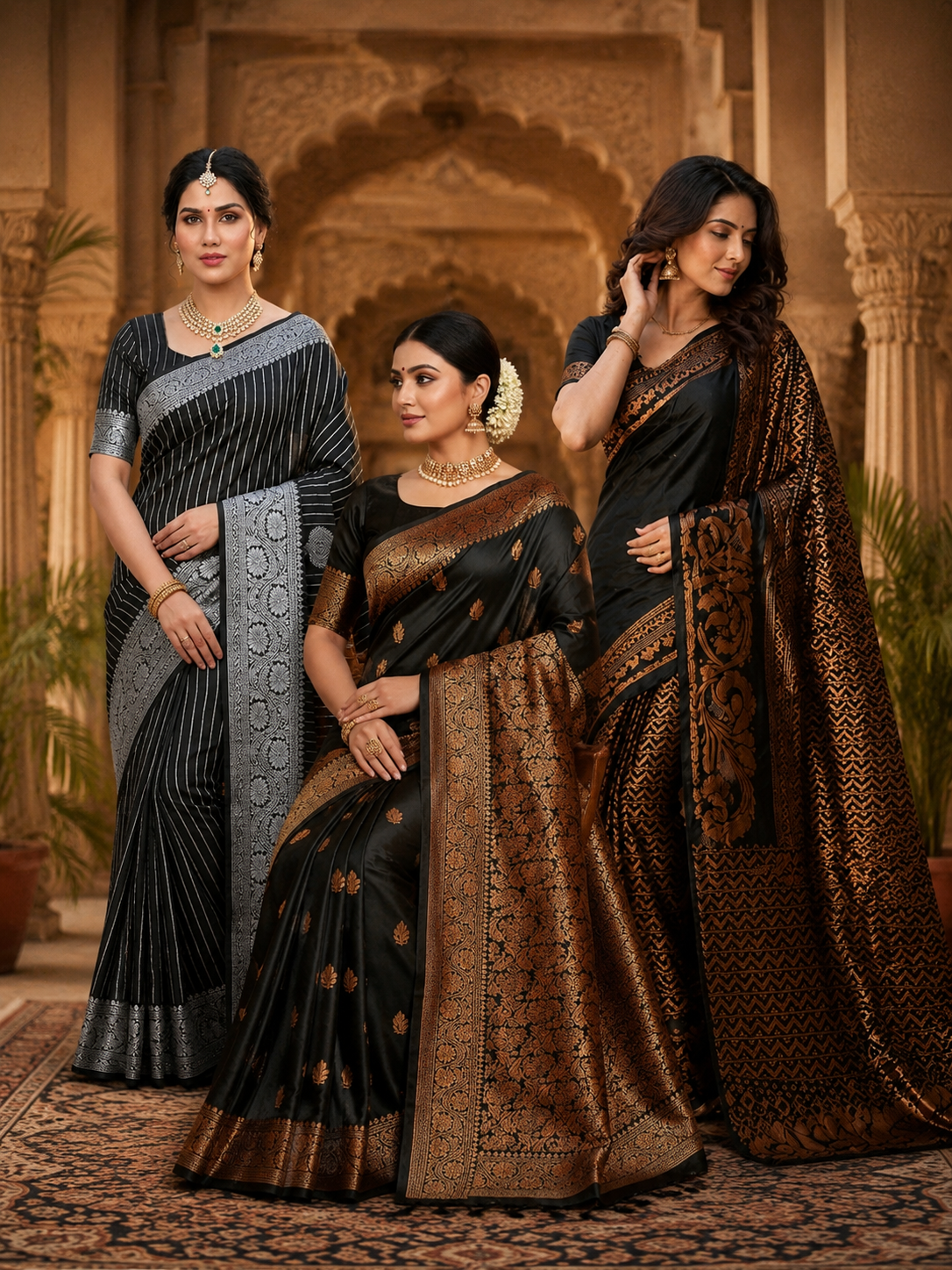 TriVibez Premium 3 Black Saree Combo Set | Soft Silk Designer Sarees | Pack of 3