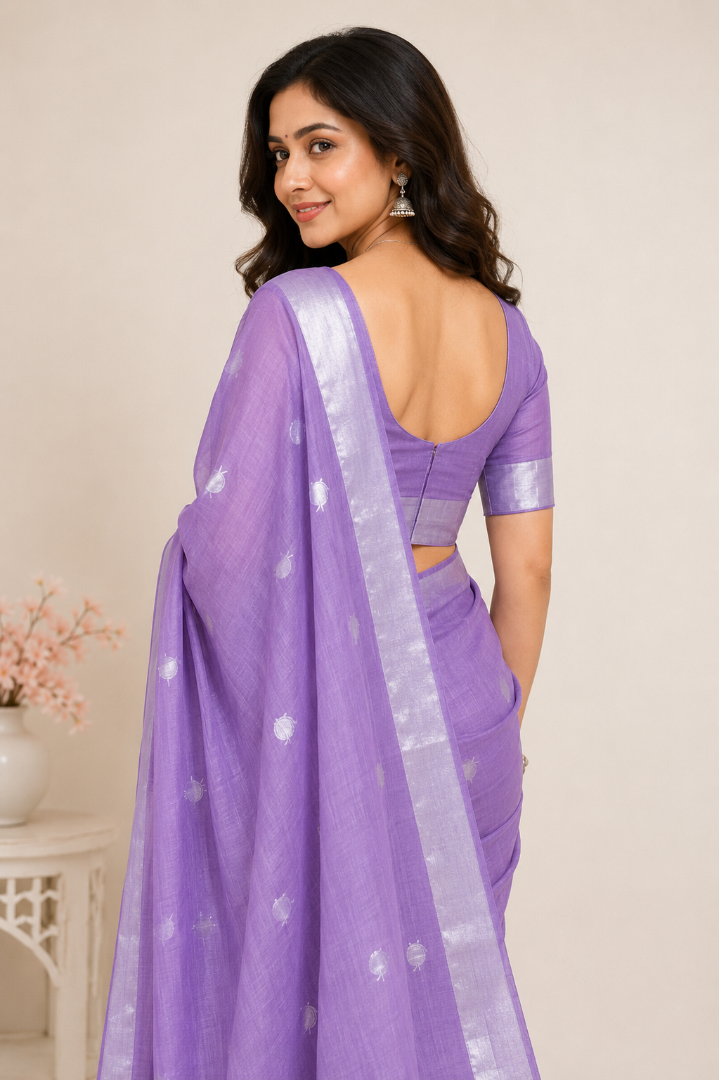 TriVibez Elegant Light Purple Silk Saree With Silver Border