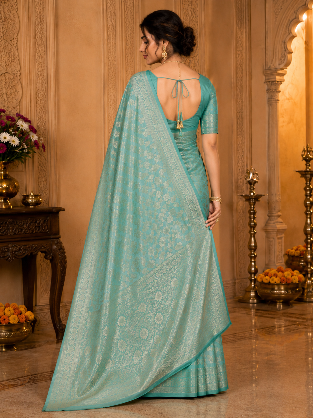 TriVibez Elegant Aqua Mint Green Silk Saree With Self-Design Zari Work