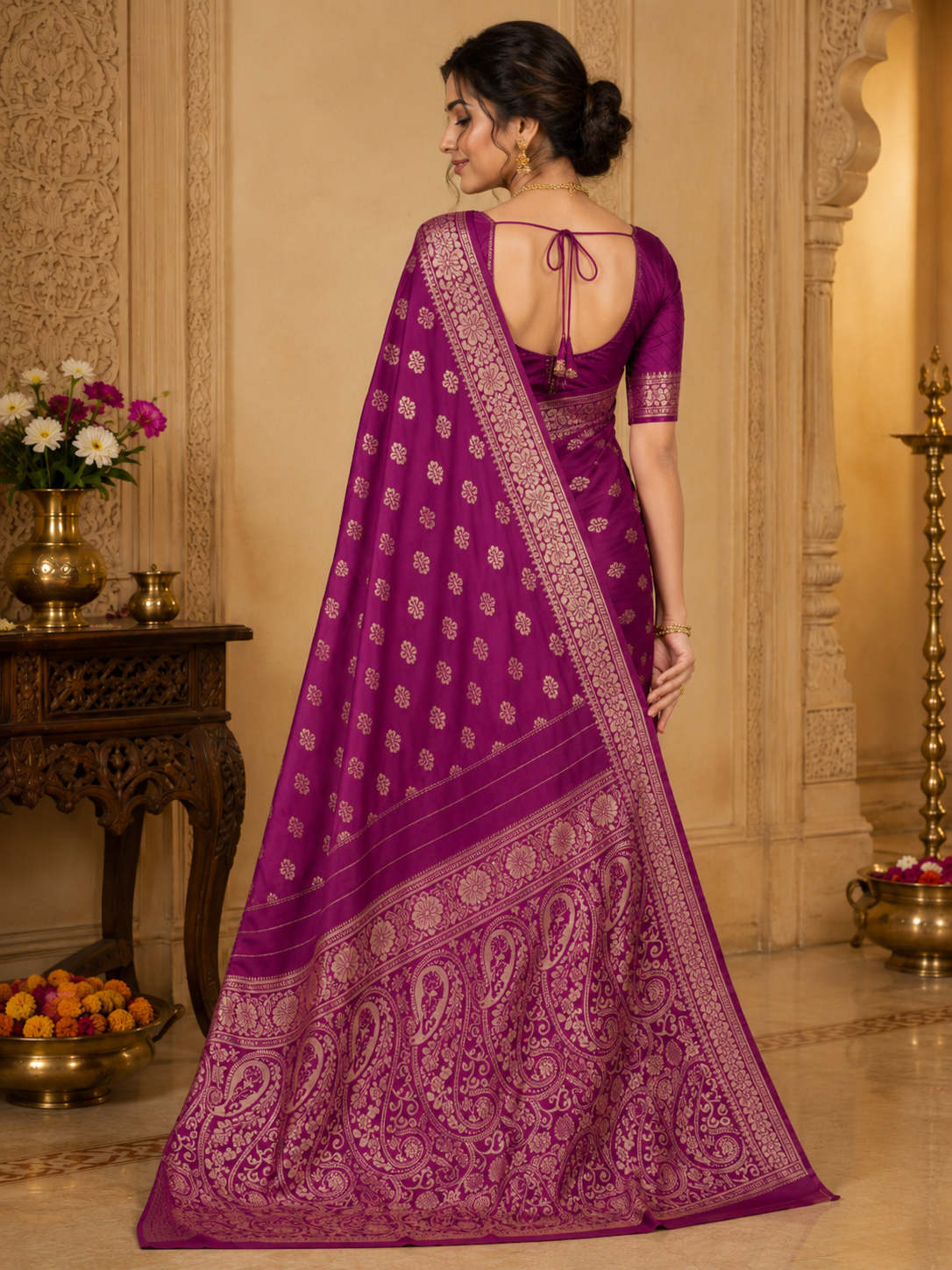 TriVibez Elegant Wine Magenta Silk Saree With Golden Zari Booti Work
