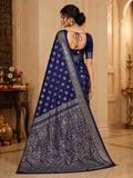 TriVibez Premium Navy Blue Silk Saree With Golden Zari Floral Work