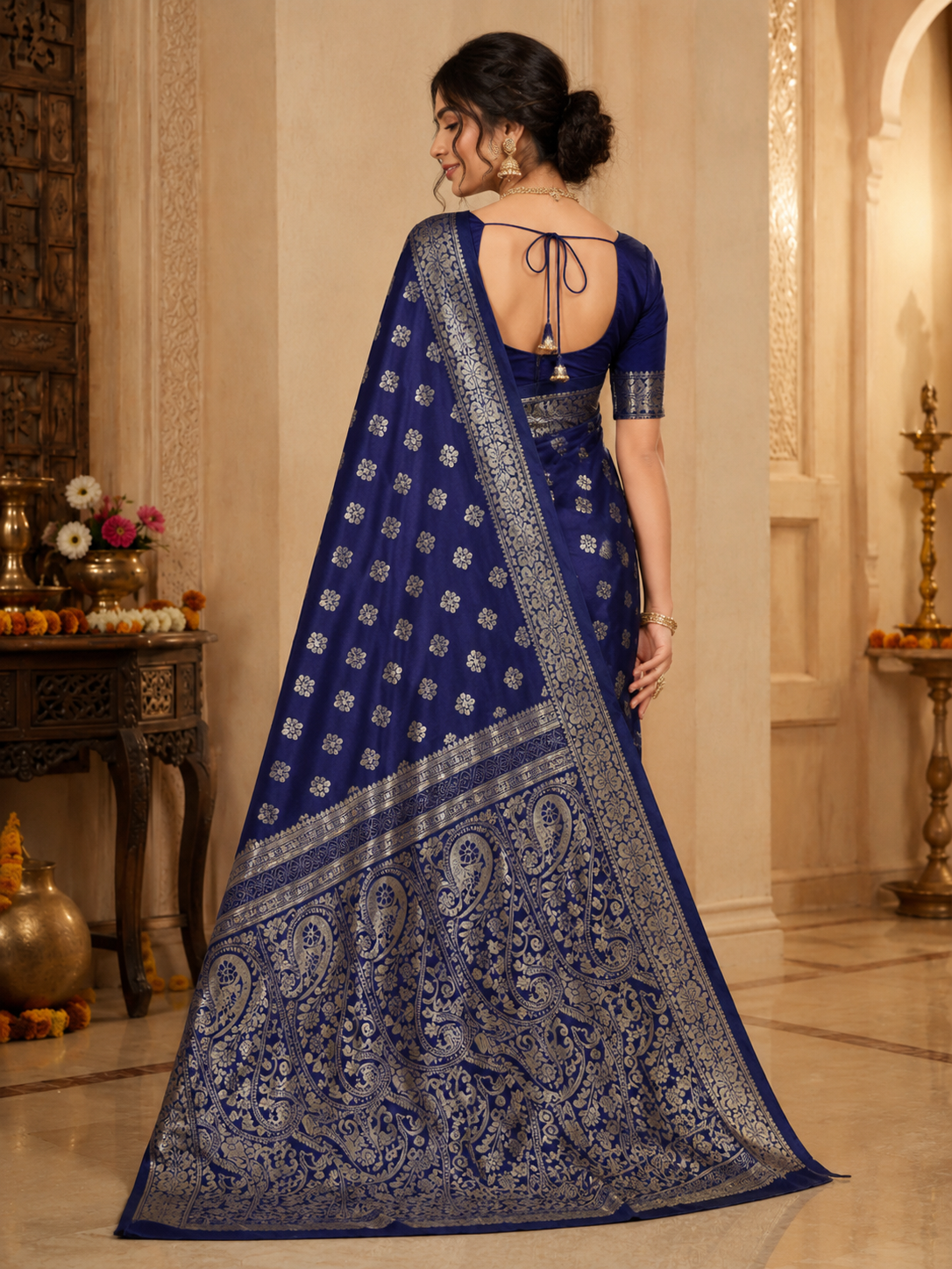 TriVibez Premium Navy Blue Silk Saree With Golden Zari Floral Work