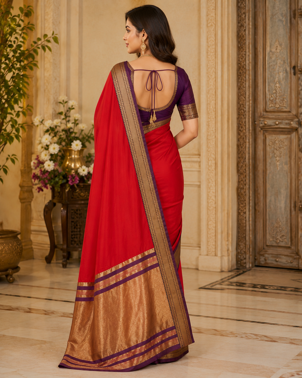 TriVibez Elegant Red Silk Saree With Contrast Purple Zari Border