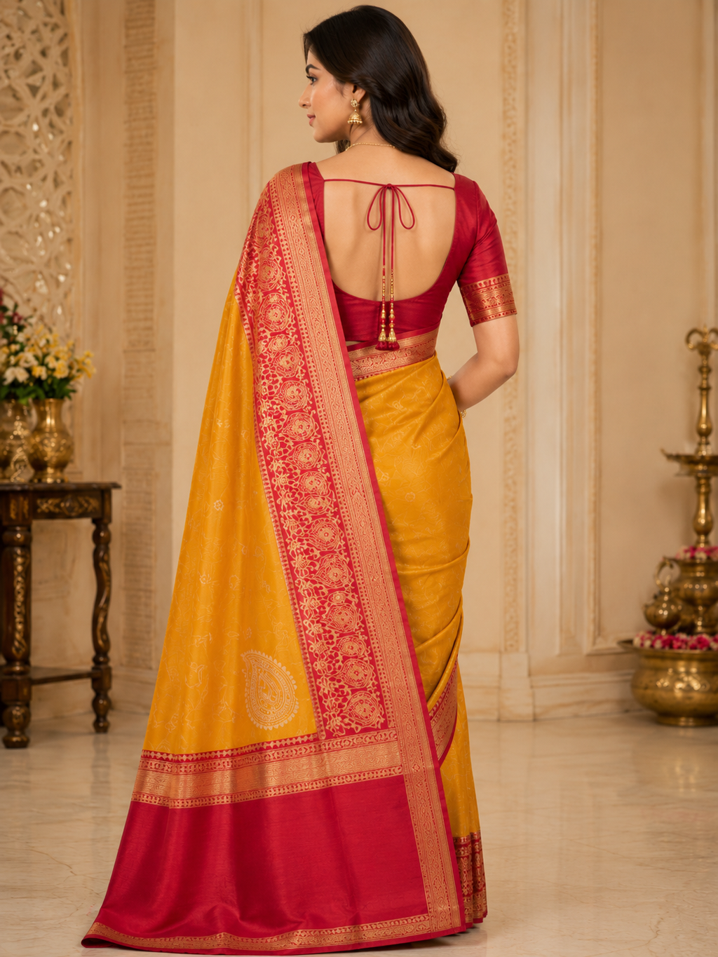 TriVibez Mustard Yellow Silk Saree With Contrast Red Zari Border