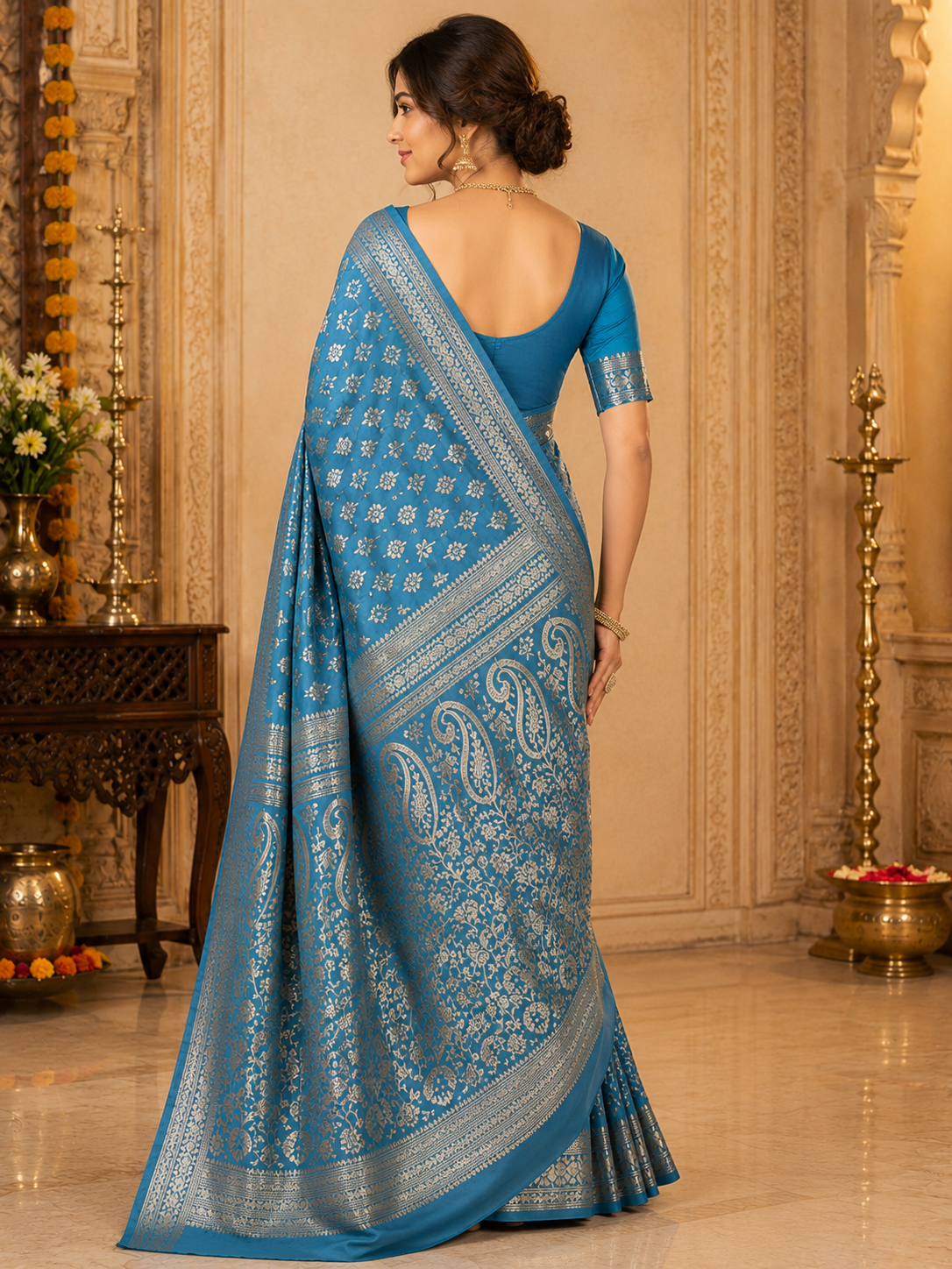TriVibez Elegant Sky Blue Silk Saree With Rich Zari Floral Work