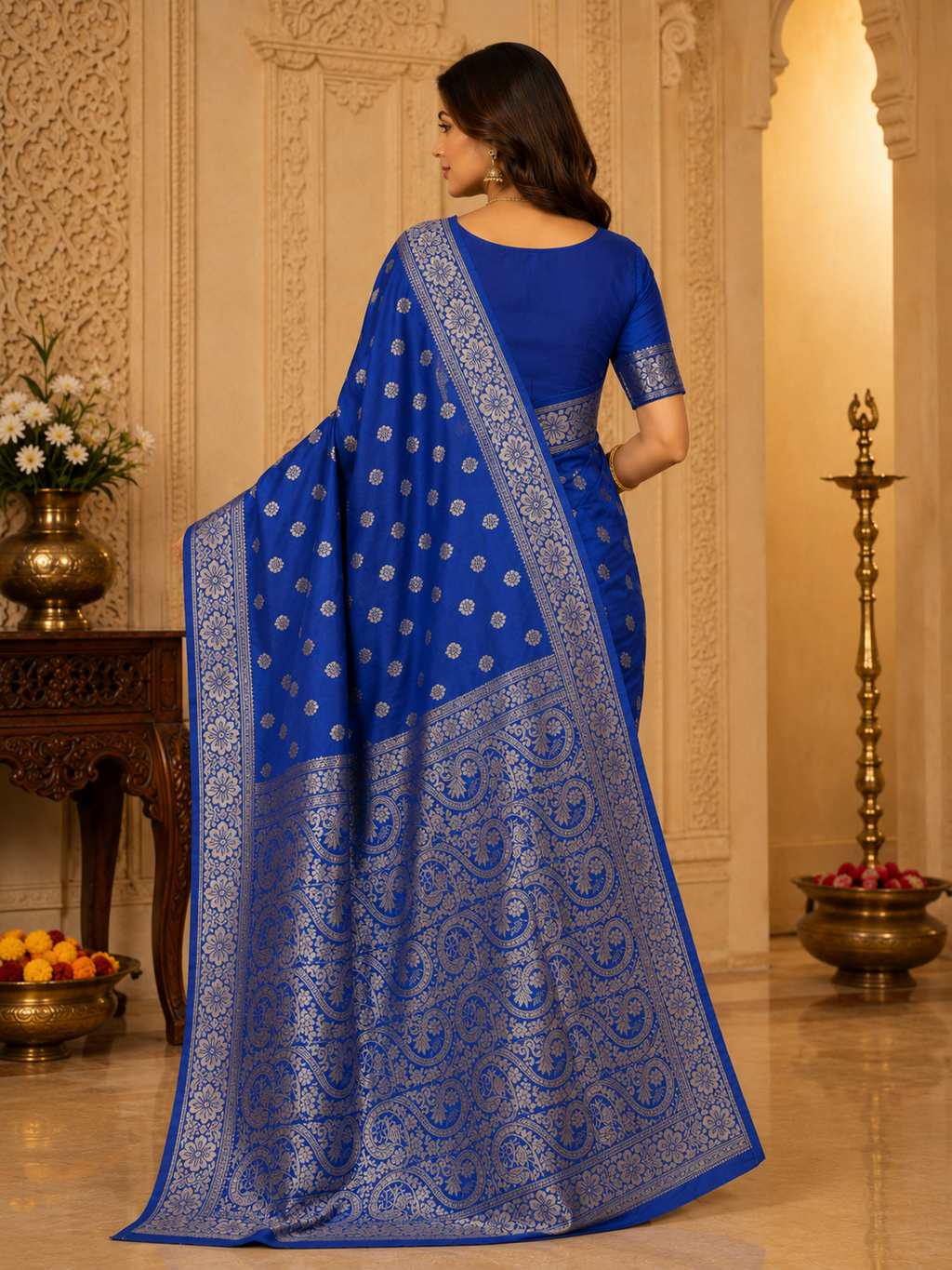 Women's Elegant Royal Blue Banarasi Silk Saree with Blouse Piece