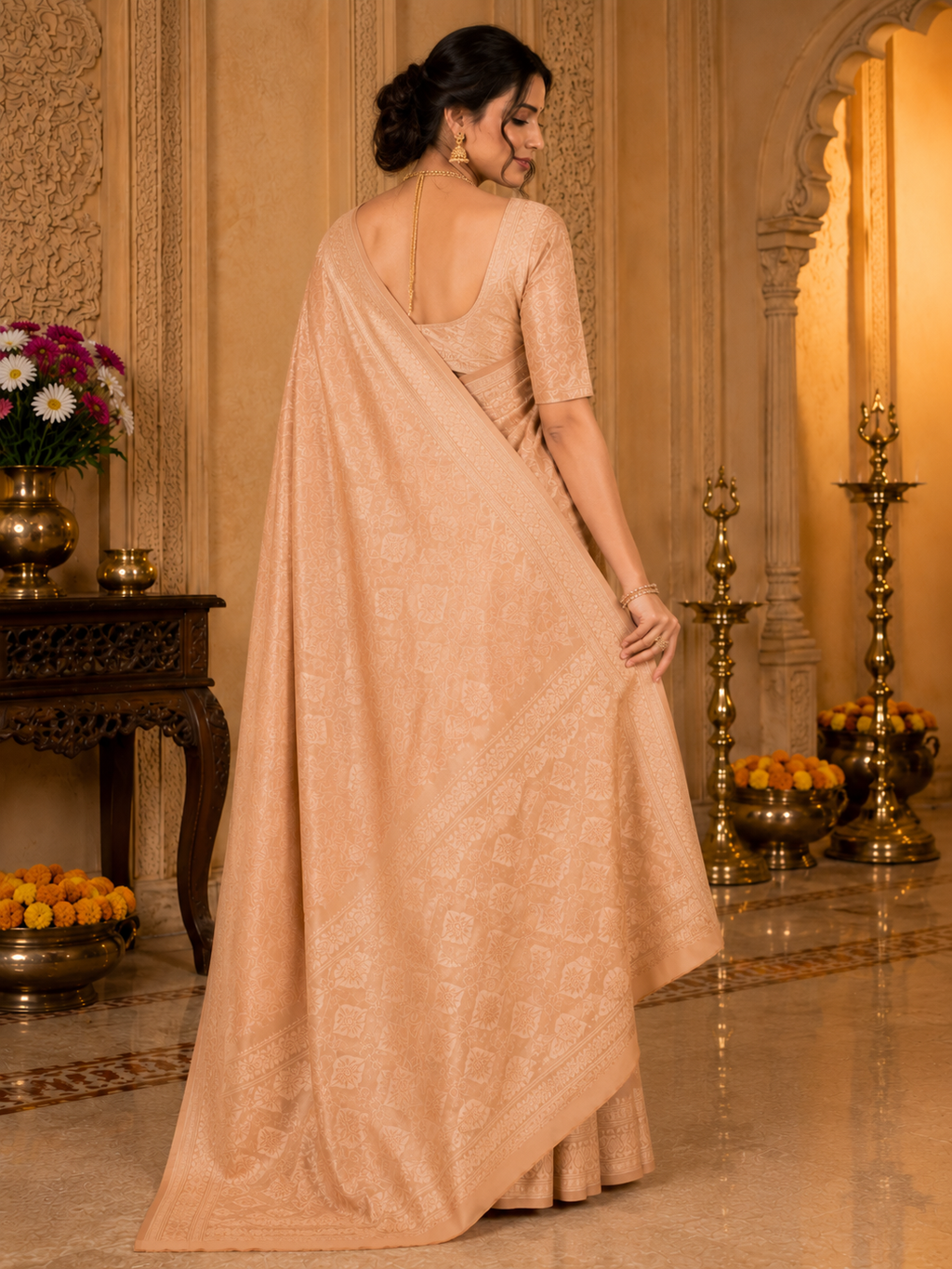 TriVibez Elegant Cream Silk Saree With Self-Design Zari Work
