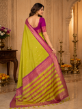 TriVibez Traditional Lime Green Silk Saree With Contrast Magenta Border