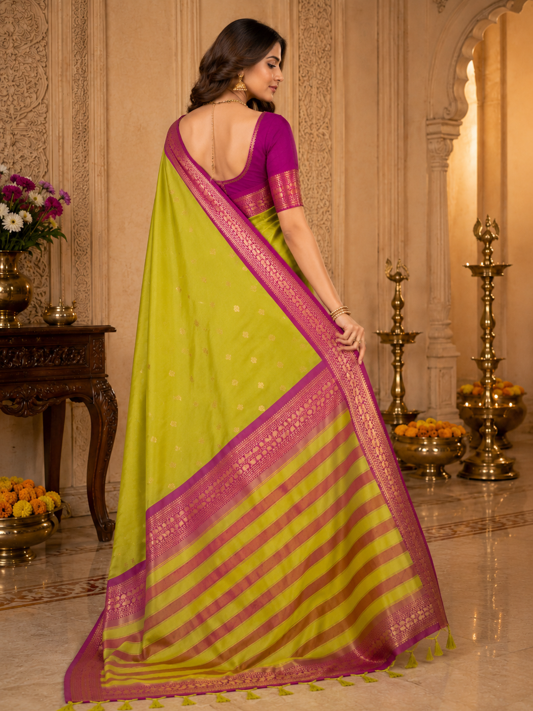 TriVibez Traditional Lime Green Silk Saree With Contrast Magenta Border