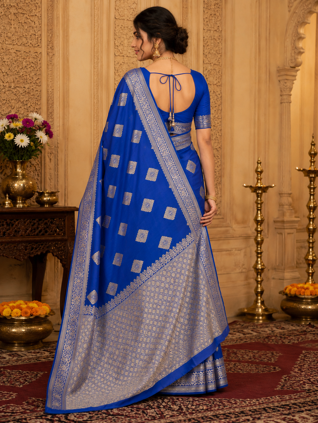 Royal Blue Silk Saree With Silver Zari Booti Work