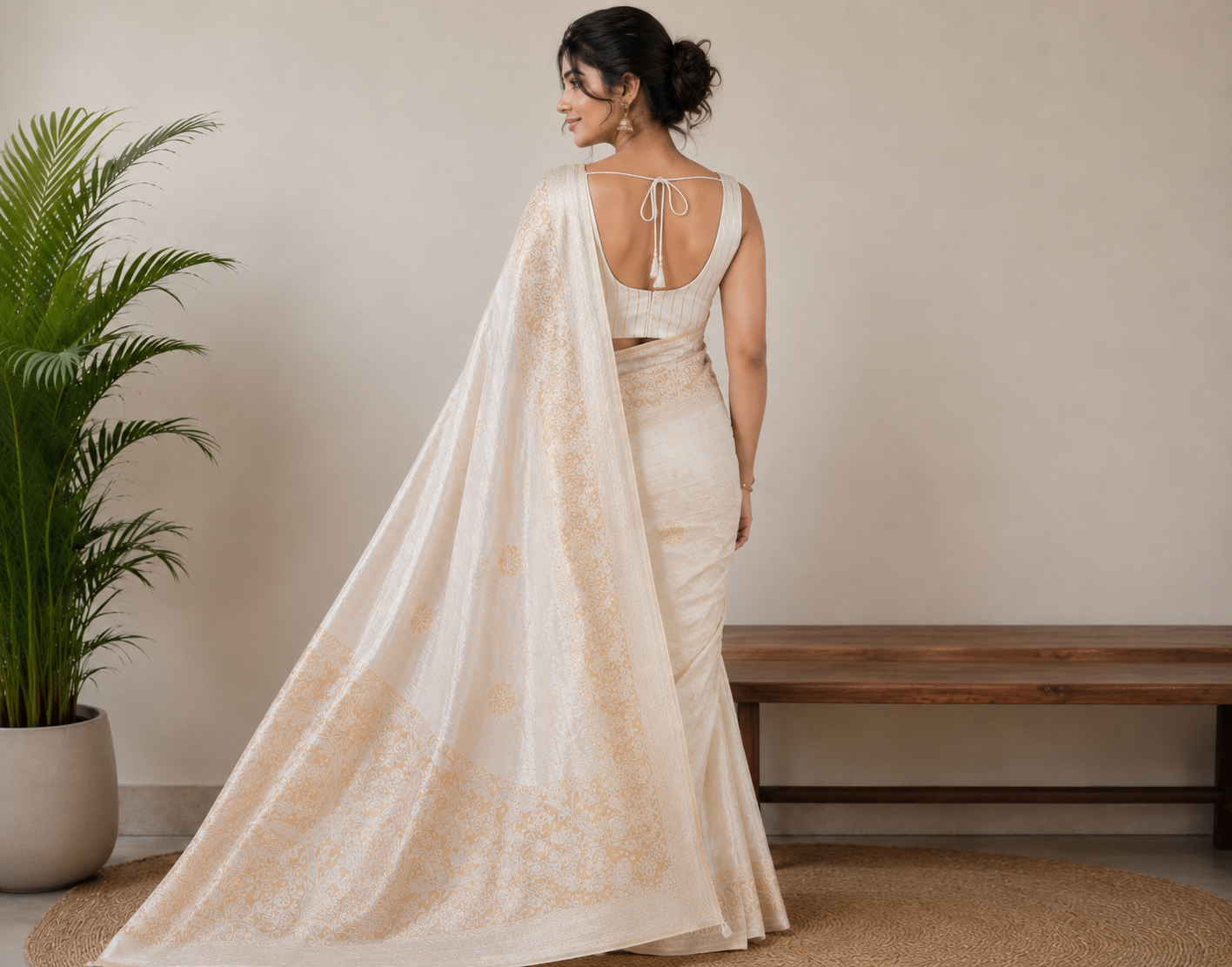 TriVibez Elegant Off-White Silk Saree With Golden Zari Floral Work
