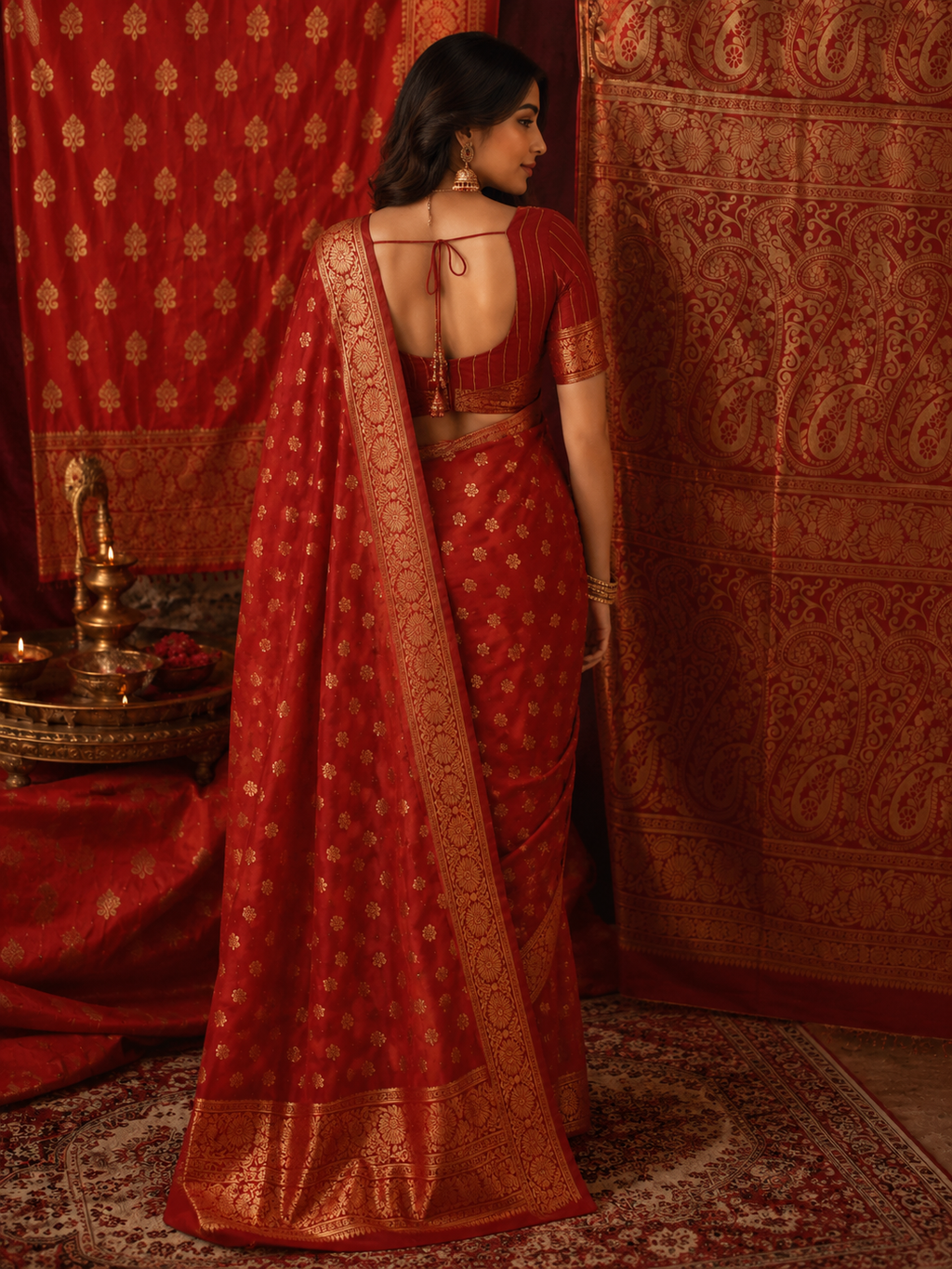 TriVibez Elegant Red Silk Saree With Golden Zari Booti Work