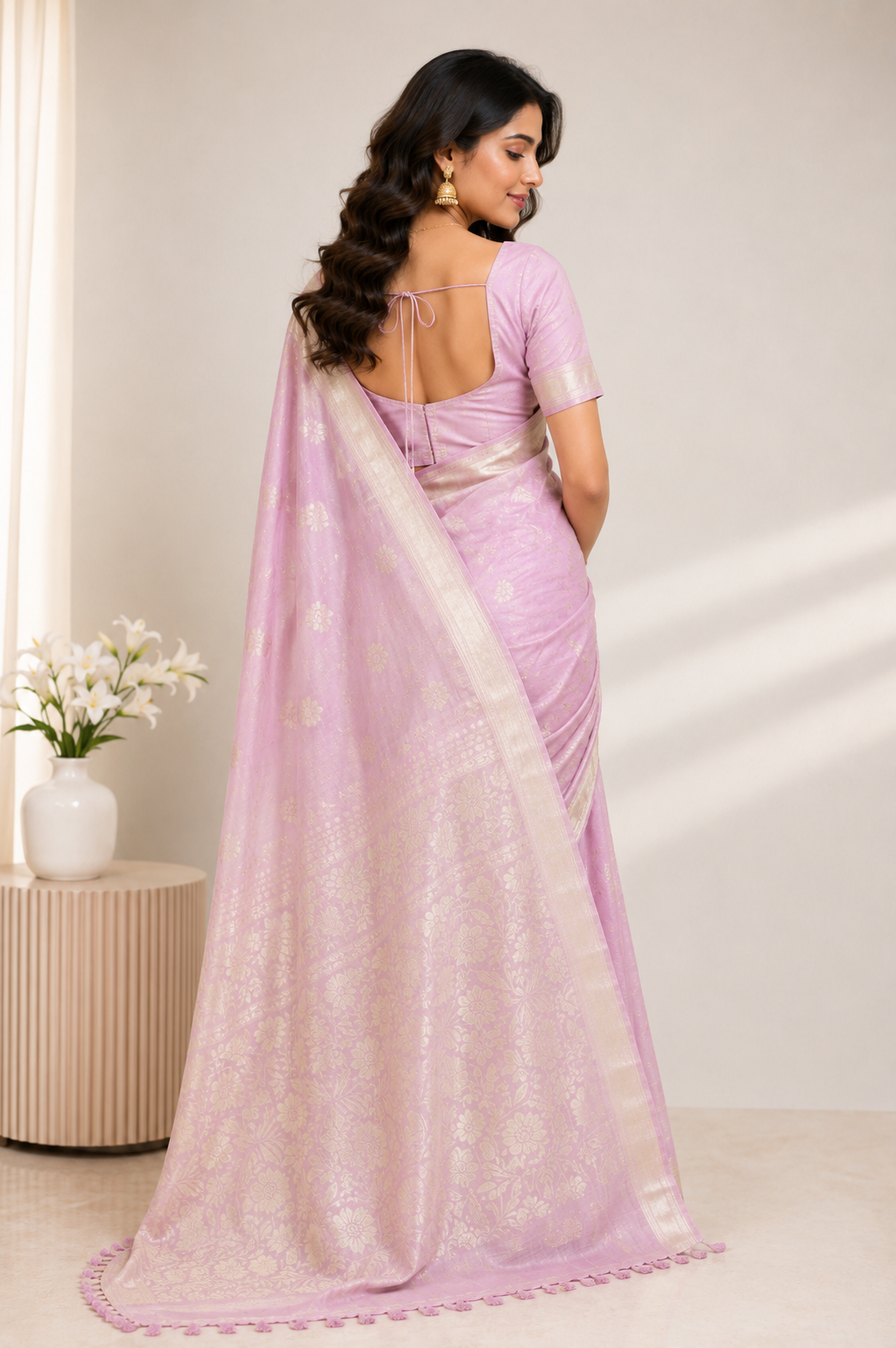 TriVibez Elegant Pastel Pink Silk Saree With Silver Zari Floral Work