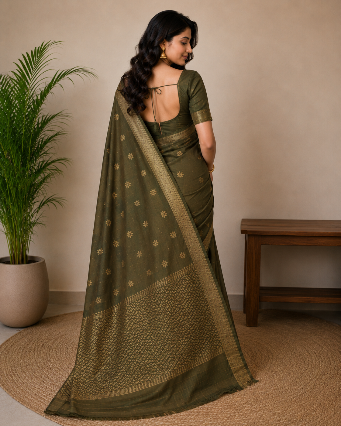 TriVibez Elegant Olive Green Silk Saree With Golden Zari Booti Work