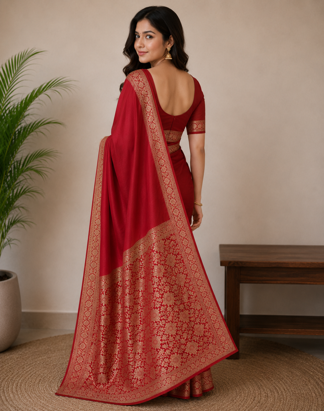 TriVibez Elegant Red Silk Saree With Rich Golden Zari Pallu