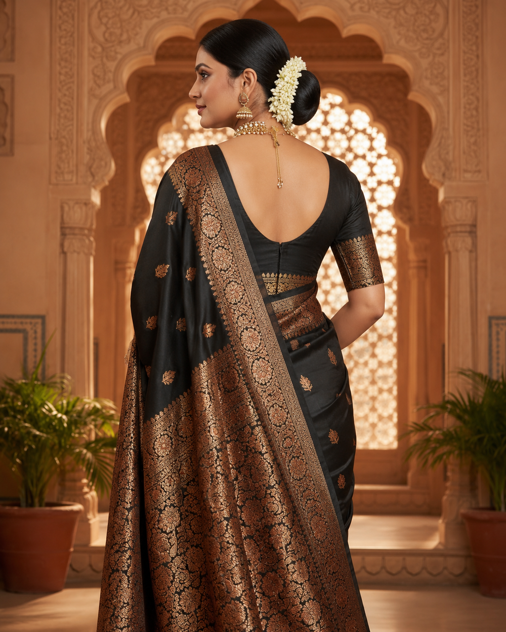 TriVibez Elegant Black Silk Saree With Antique Golden Zari Work