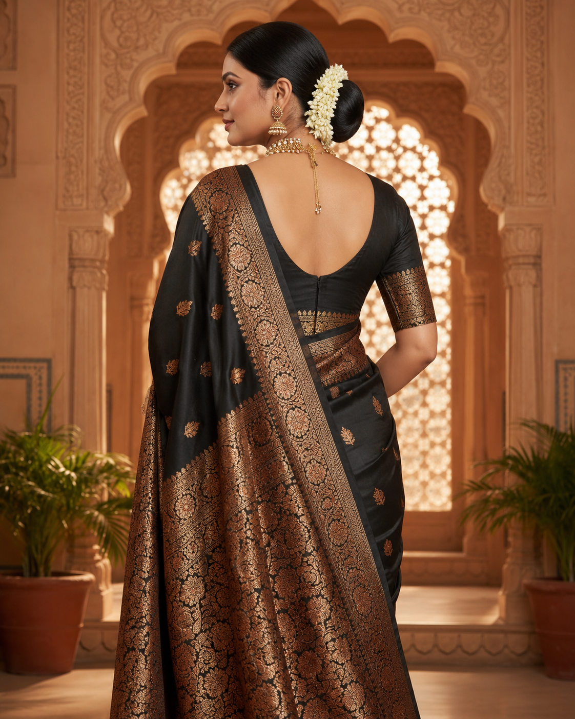TriVibez Elegant Black Silk Saree With Antique Golden Zari Work