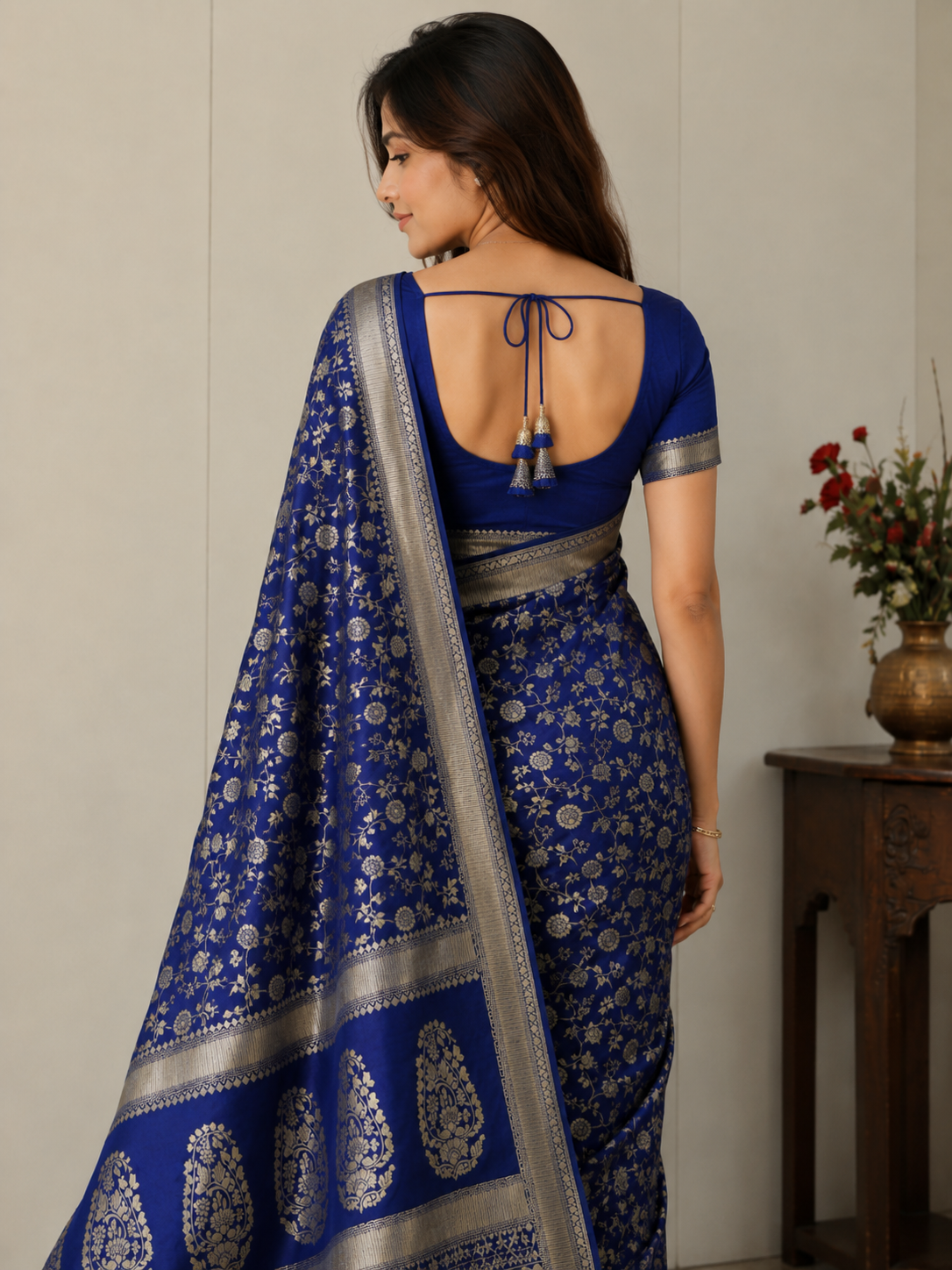 TriVibez Elegant Royal Blue Silk Saree With Golden Zari Floral Jaal Work