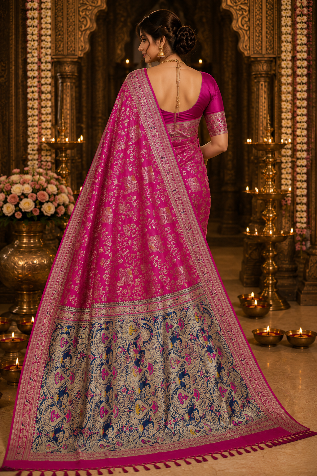 Women's Premium Handwork Banarasi Silk Saree with Rich Designer Pallu & Unstitched Blouse Piece | Wedding, Party & Festive Wear | Pink