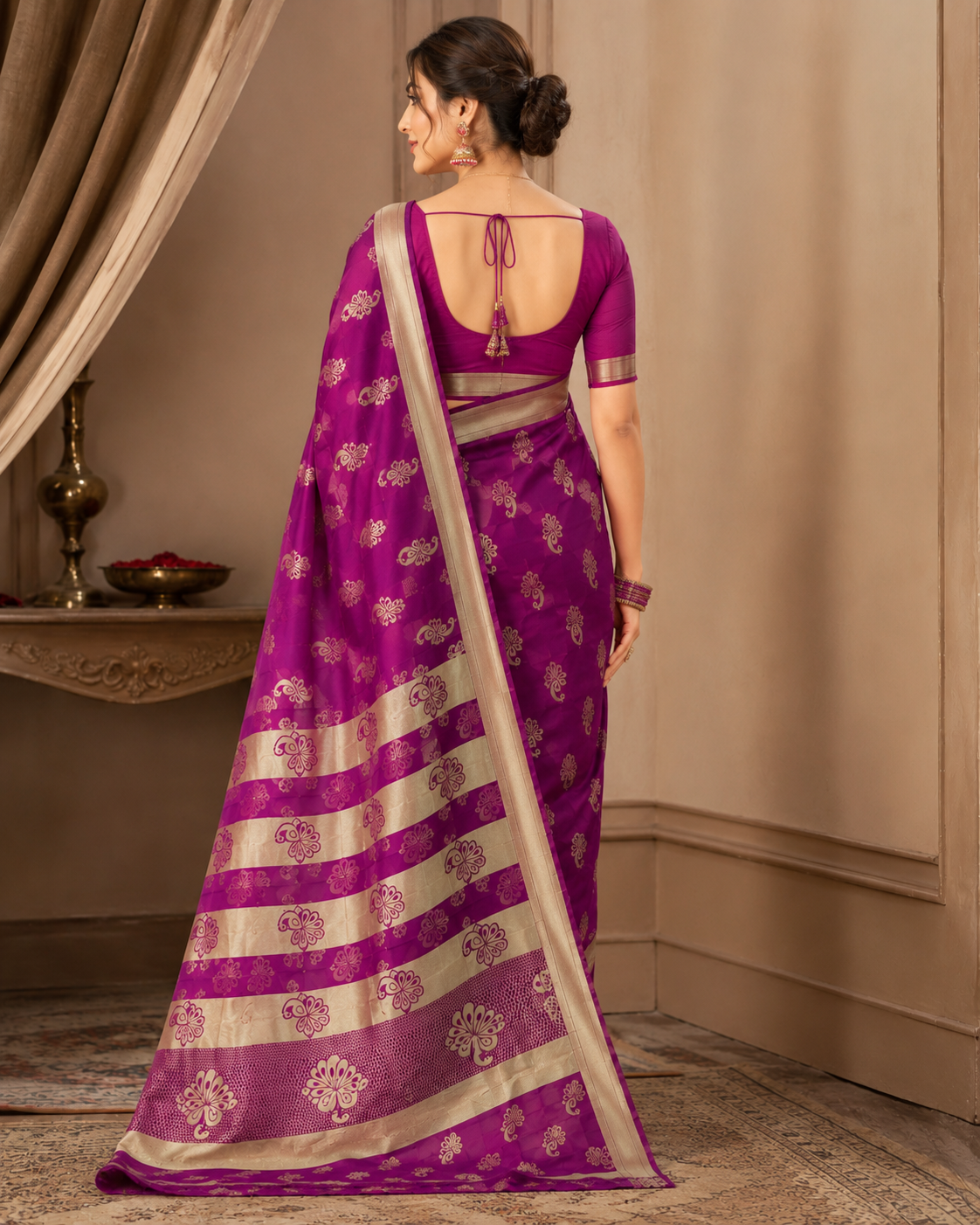 TriVibez Elegant Magenta Pink Silk Saree With Golden Zari Floral Design