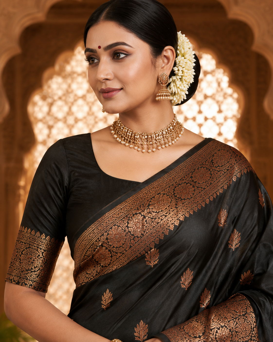 TriVibez Elegant Black Silk Saree With Antique Golden Zari Work