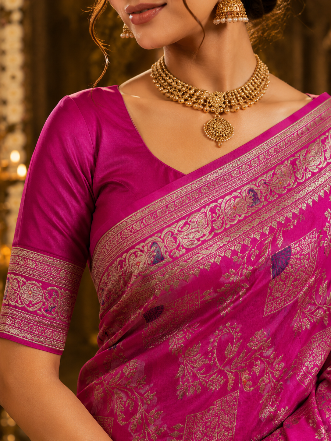 Women's Premium Handwork Banarasi Silk Saree with Rich Designer Pallu & Unstitched Blouse Piece | Wedding, Party & Festive Wear | Pink
