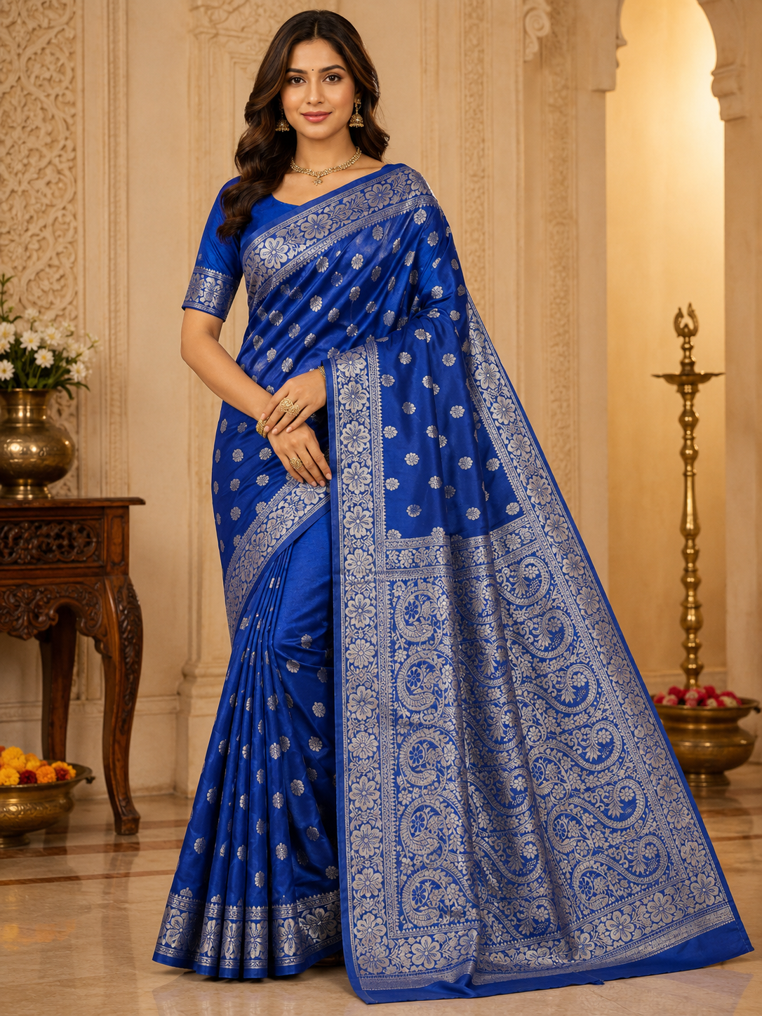 Women's Elegant Royal Blue Banarasi Silk Saree with Blouse Piece