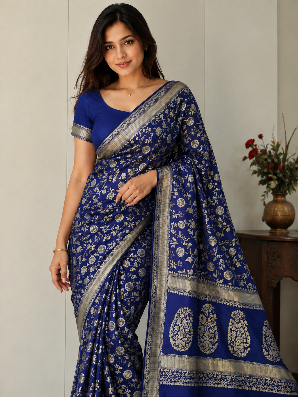TriVibez Elegant Royal Blue Silk Saree With Golden Zari Floral Jaal Work