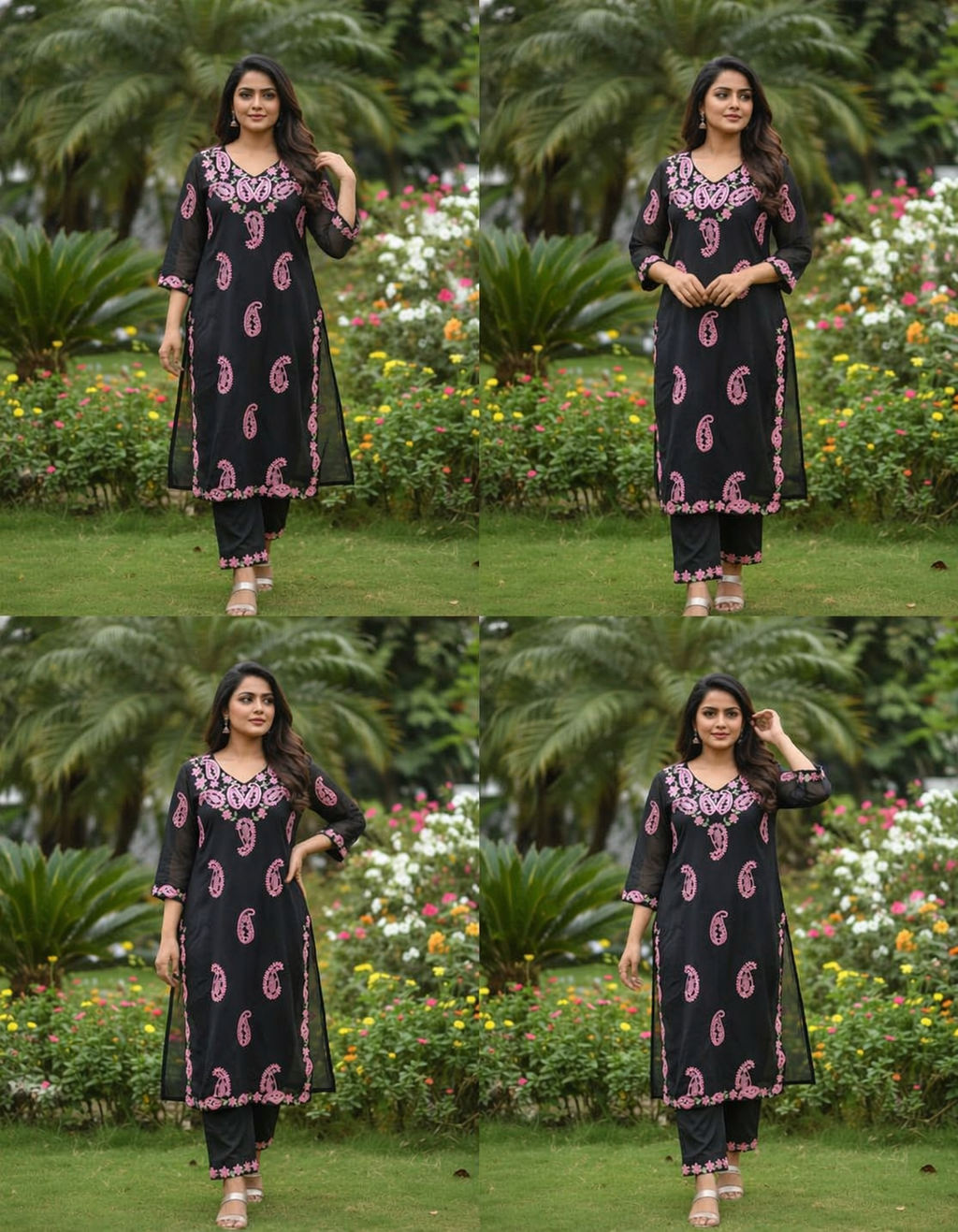 TriVibez Black Embroidered Kurti Set for Women