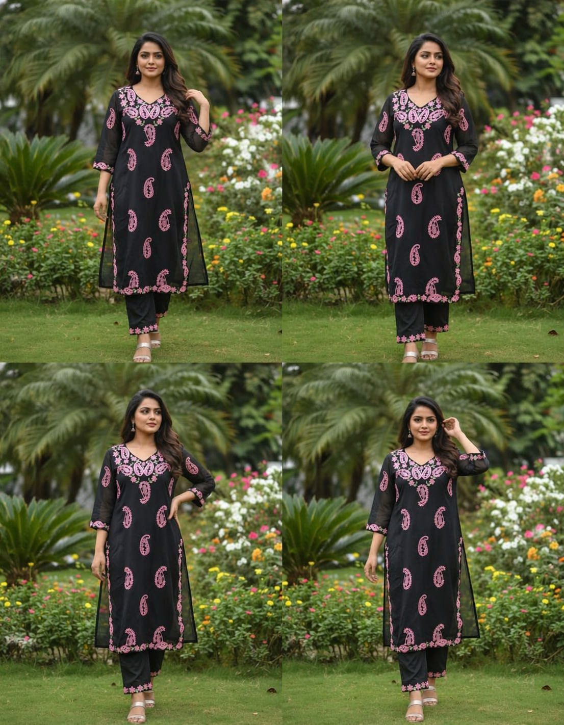 TriVibez Black Embroidered Kurti Set for Women