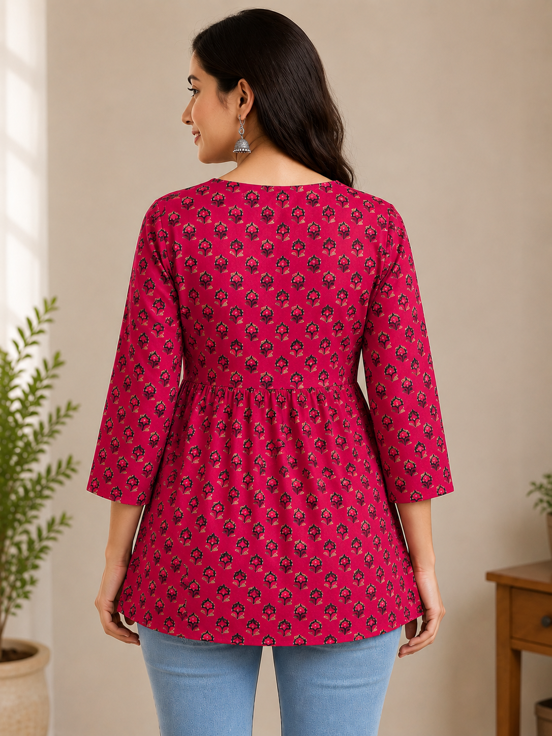Women Pink Printed Flared Short Kurti Top | V-Neck Casual Wear Top for Women