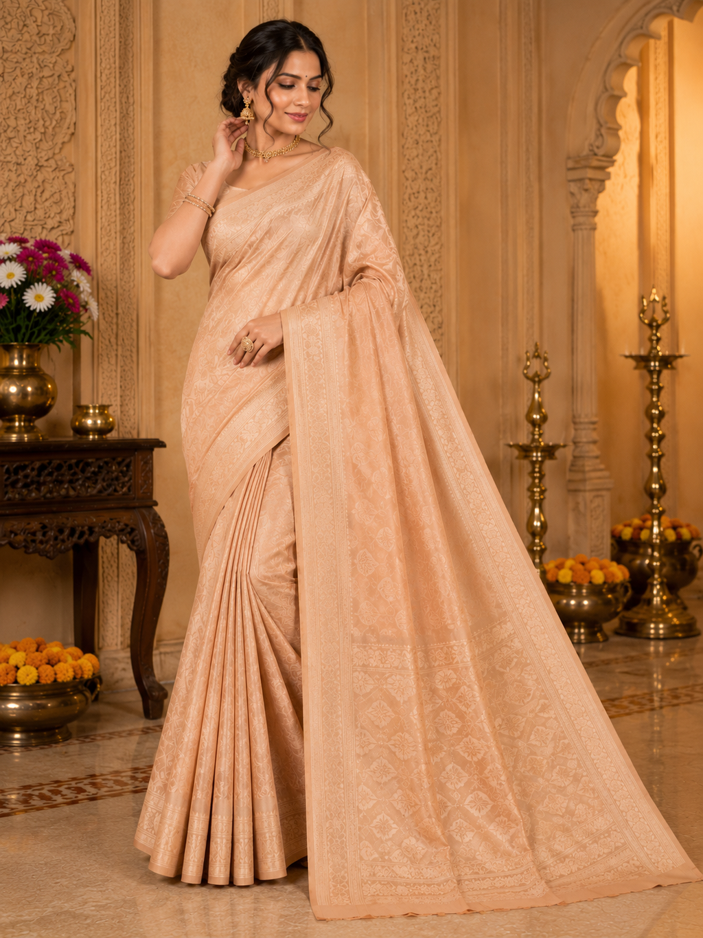 TriVibez Elegant Cream Silk Saree With Self-Design Zari Work
