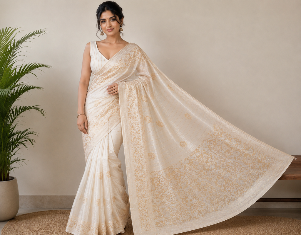 TriVibez Elegant Off-White Silk Saree With Golden Zari Floral Work