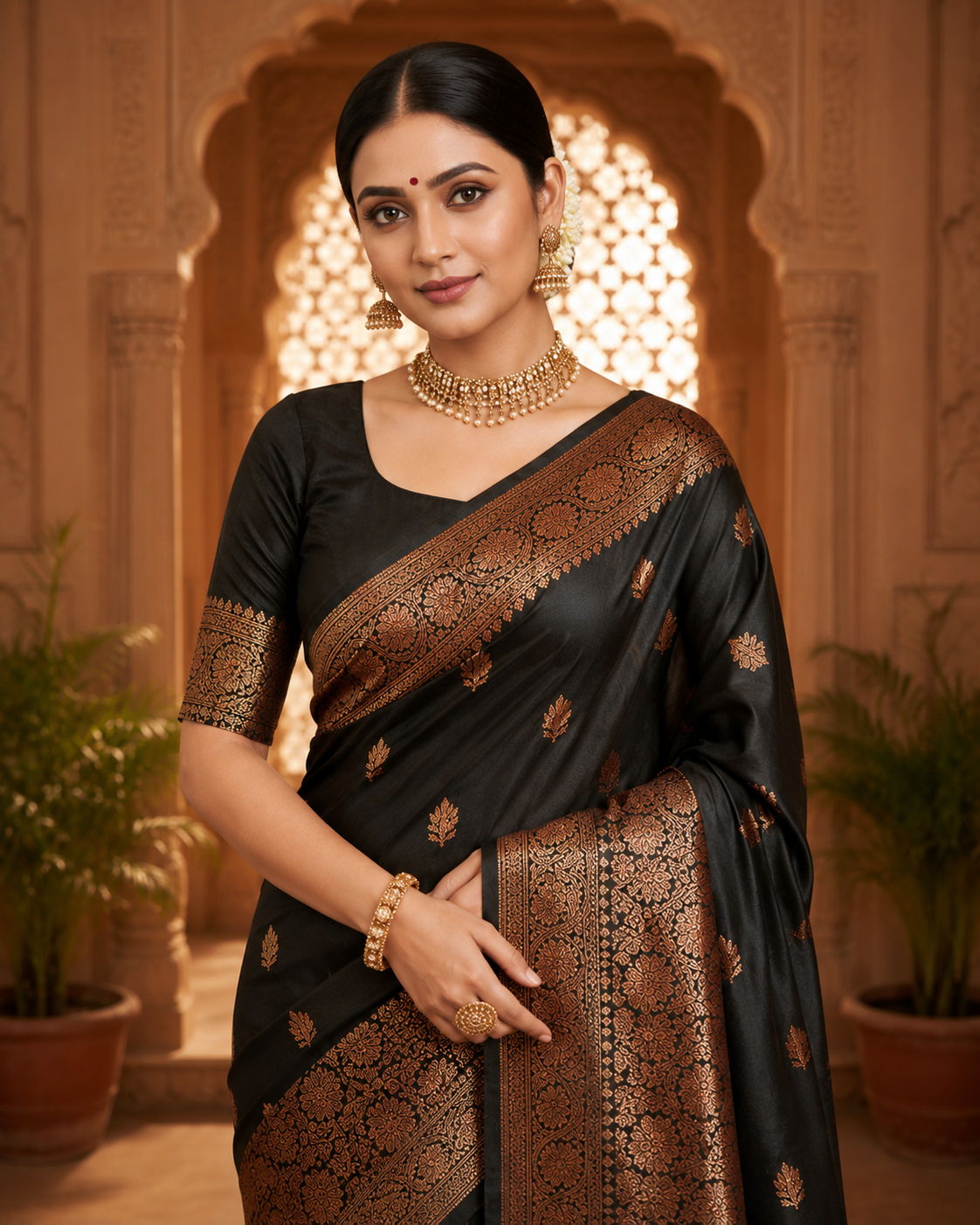 TriVibez Elegant Black Silk Saree With Antique Golden Zari Work