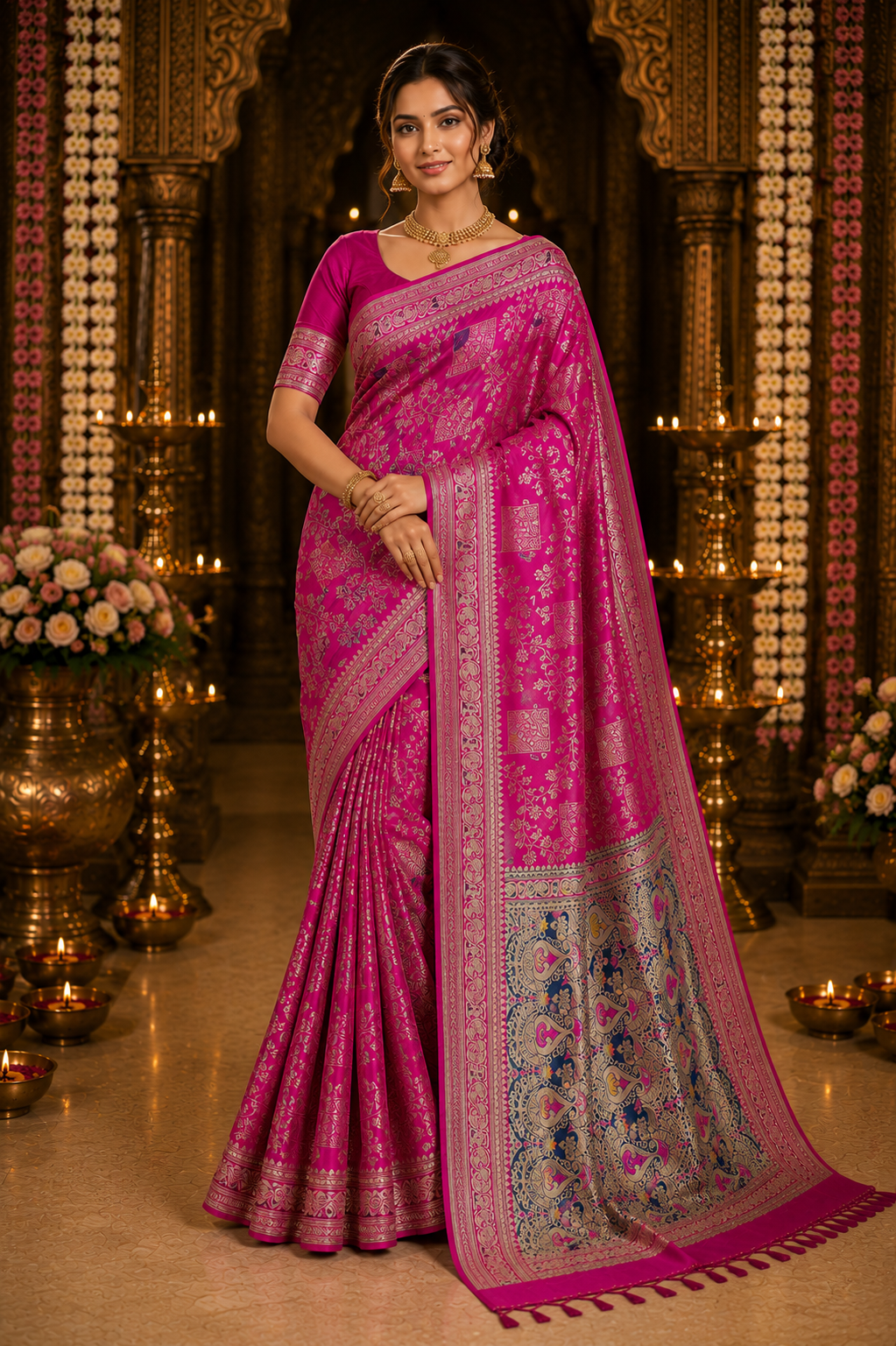 Women's Premium Handwork Banarasi Silk Saree with Rich Designer Pallu & Unstitched Blouse Piece | Wedding, Party & Festive Wear | Pink