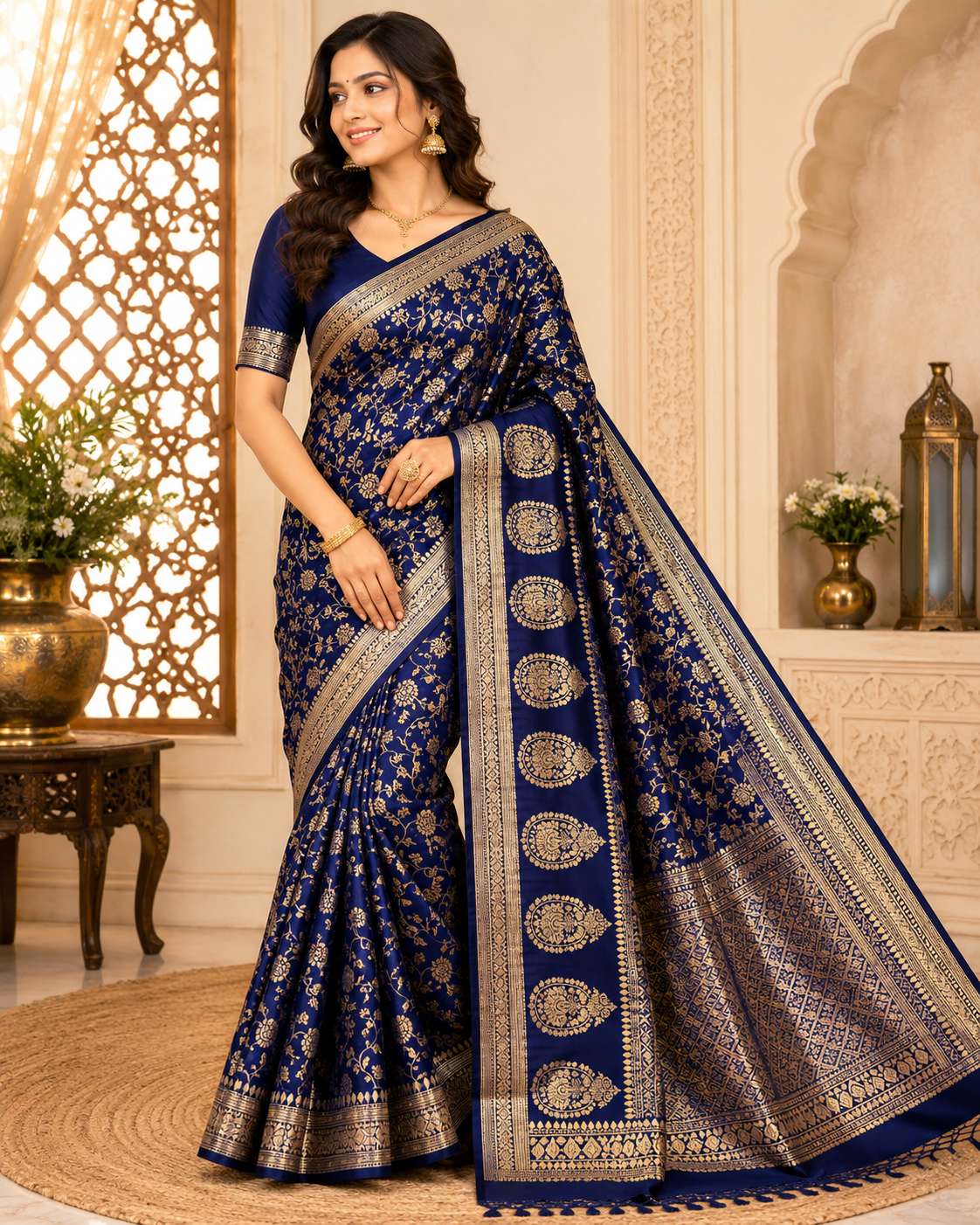Women's Navy Blue Soft Silk Saree with Zari Woven Border