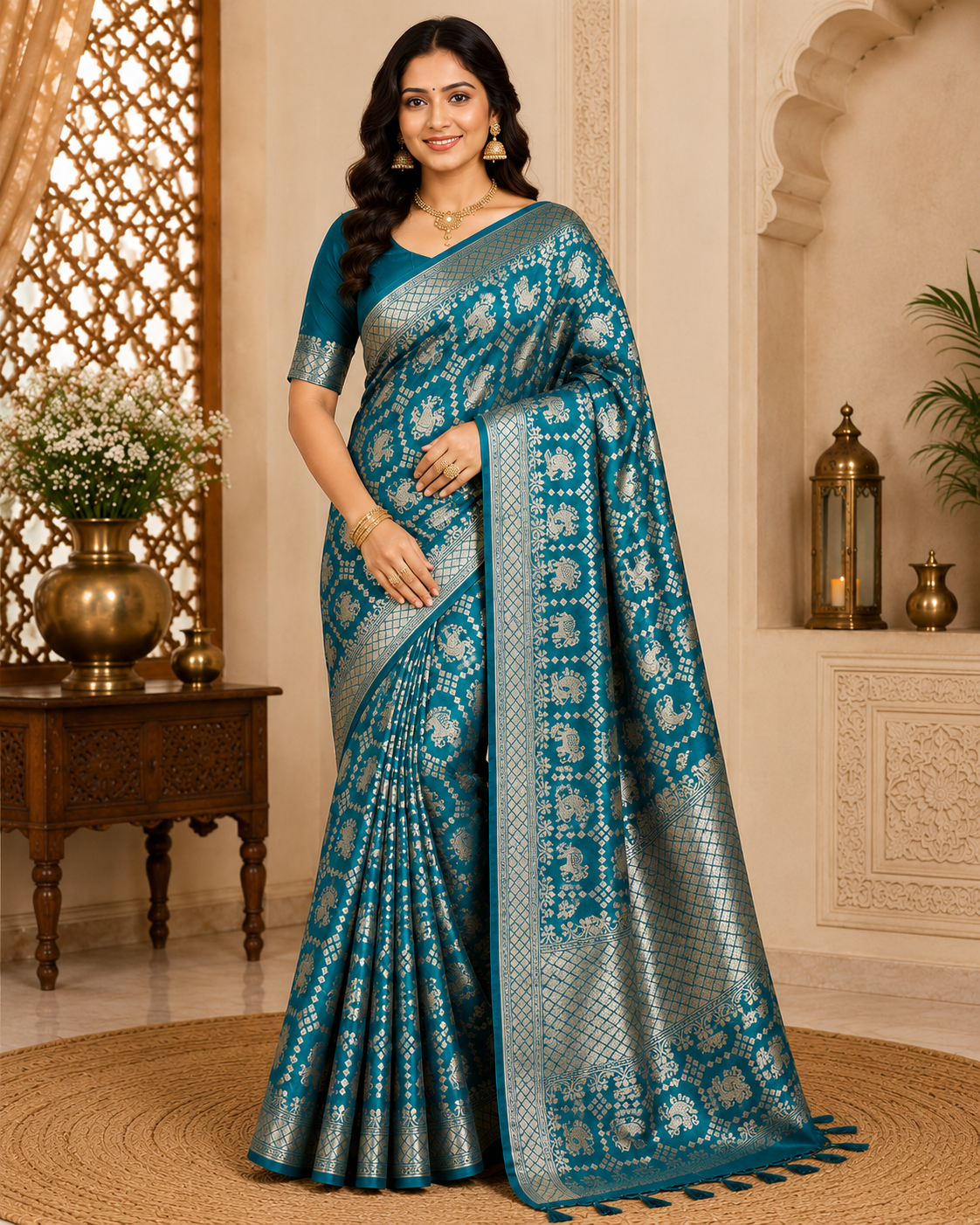 Women's Rama Green Soft Silk Saree with Zari Woven Border