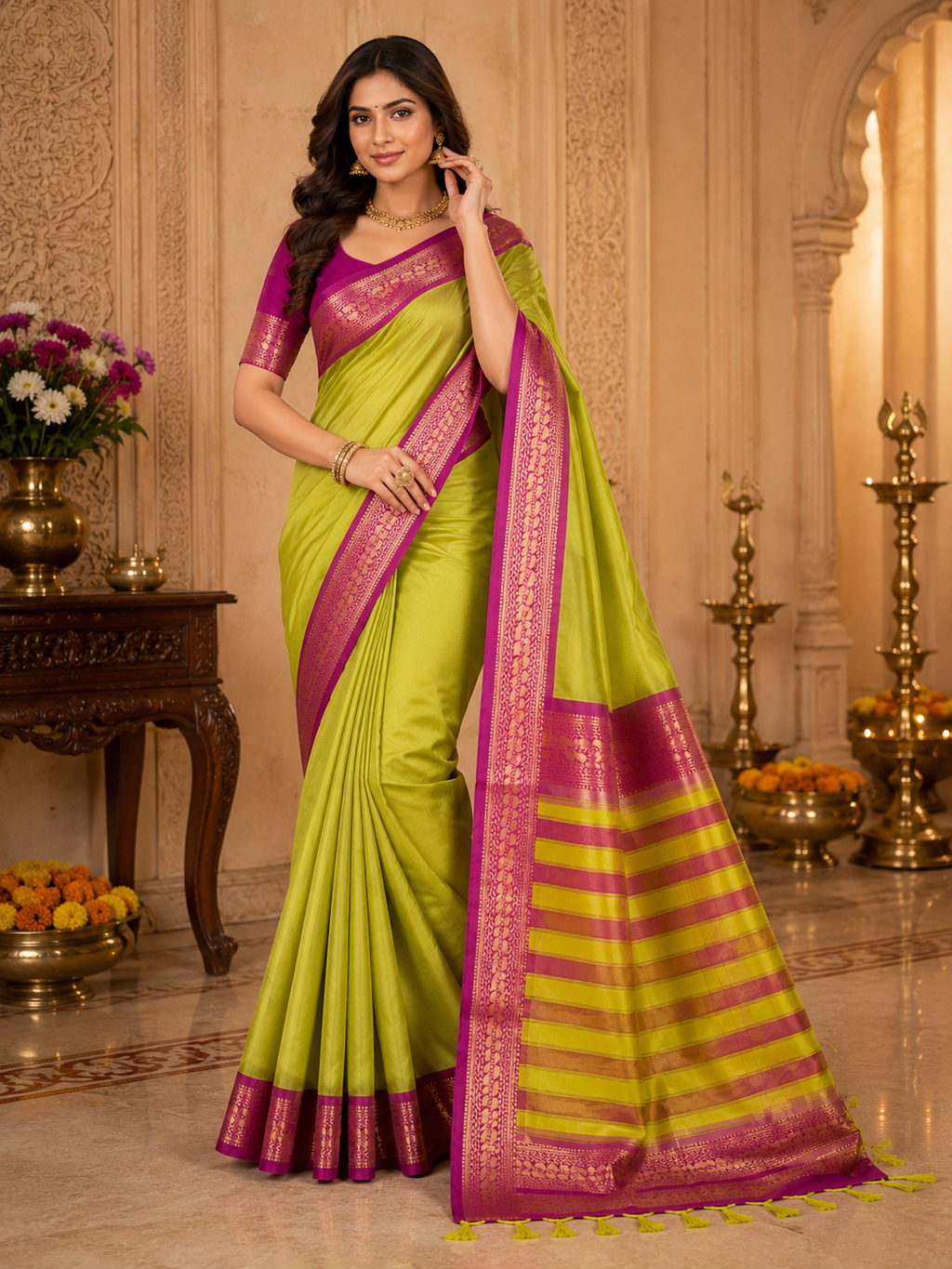 TriVibez Traditional Lime Green Silk Saree With Contrast Magenta Border