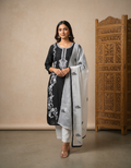 TriVibez Black Embroidered Kurti Set with White Dupatta for Women