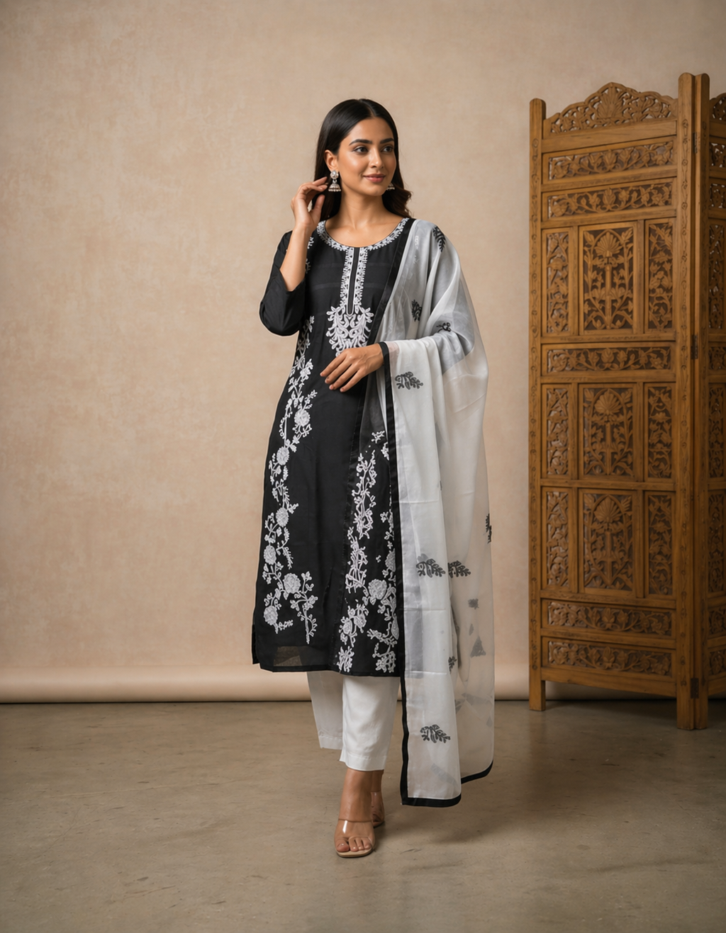TriVibez Black Embroidered Kurti Set with White Dupatta for Women