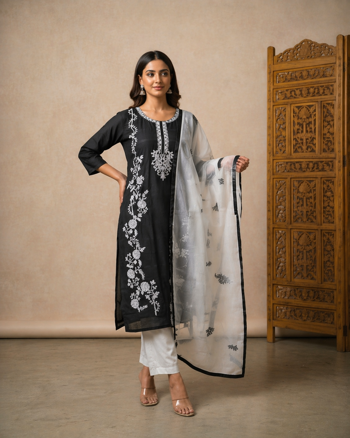 TriVibez Black Embroidered Kurti Set with White Dupatta for Women