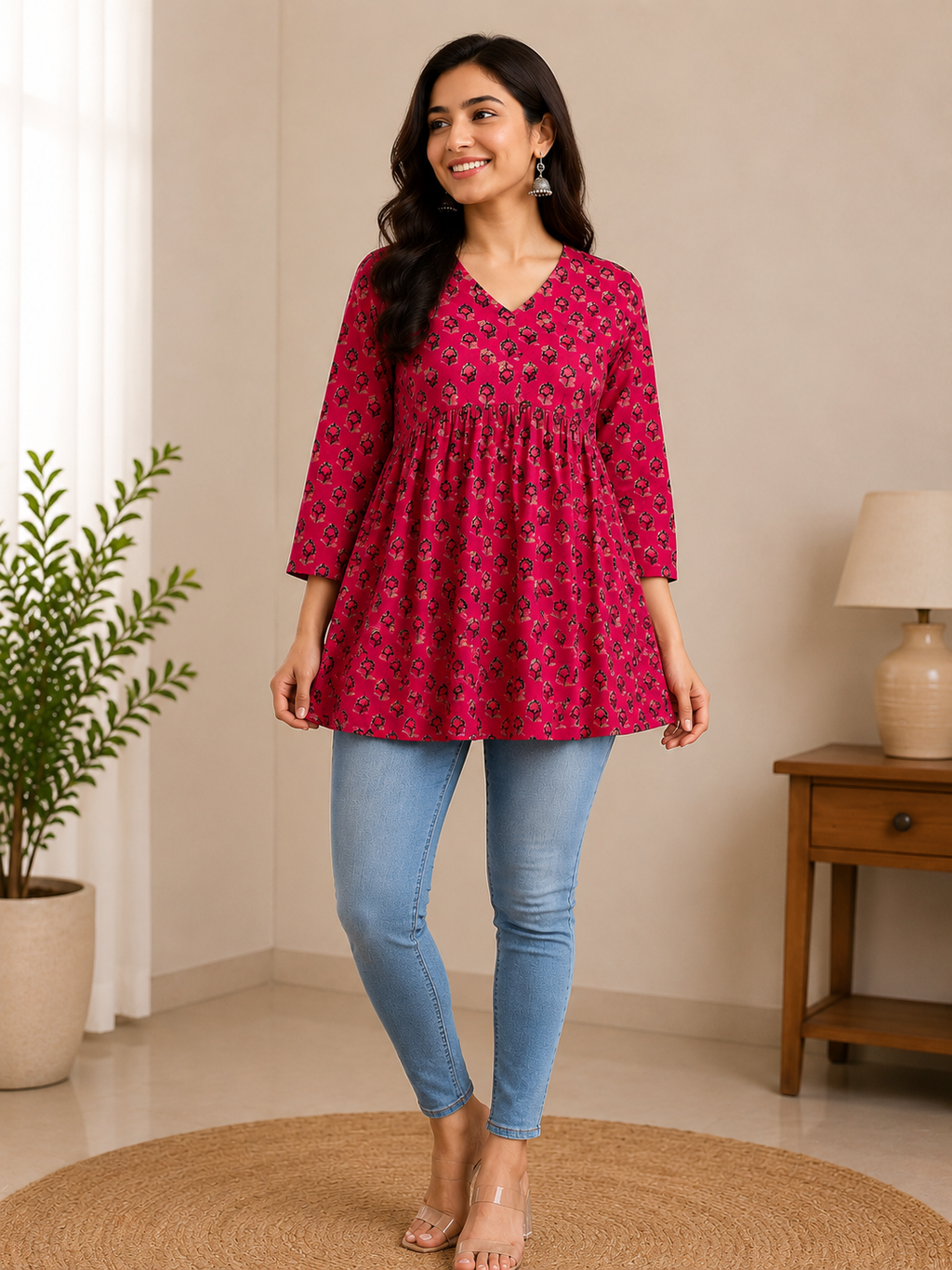 Women Pink Printed Flared Short Kurti Top | V-Neck Casual Wear Top for Women