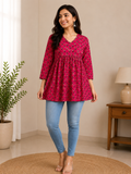 Women Pink Printed Flared Short Kurti Top | V-Neck Casual Wear Top for Women