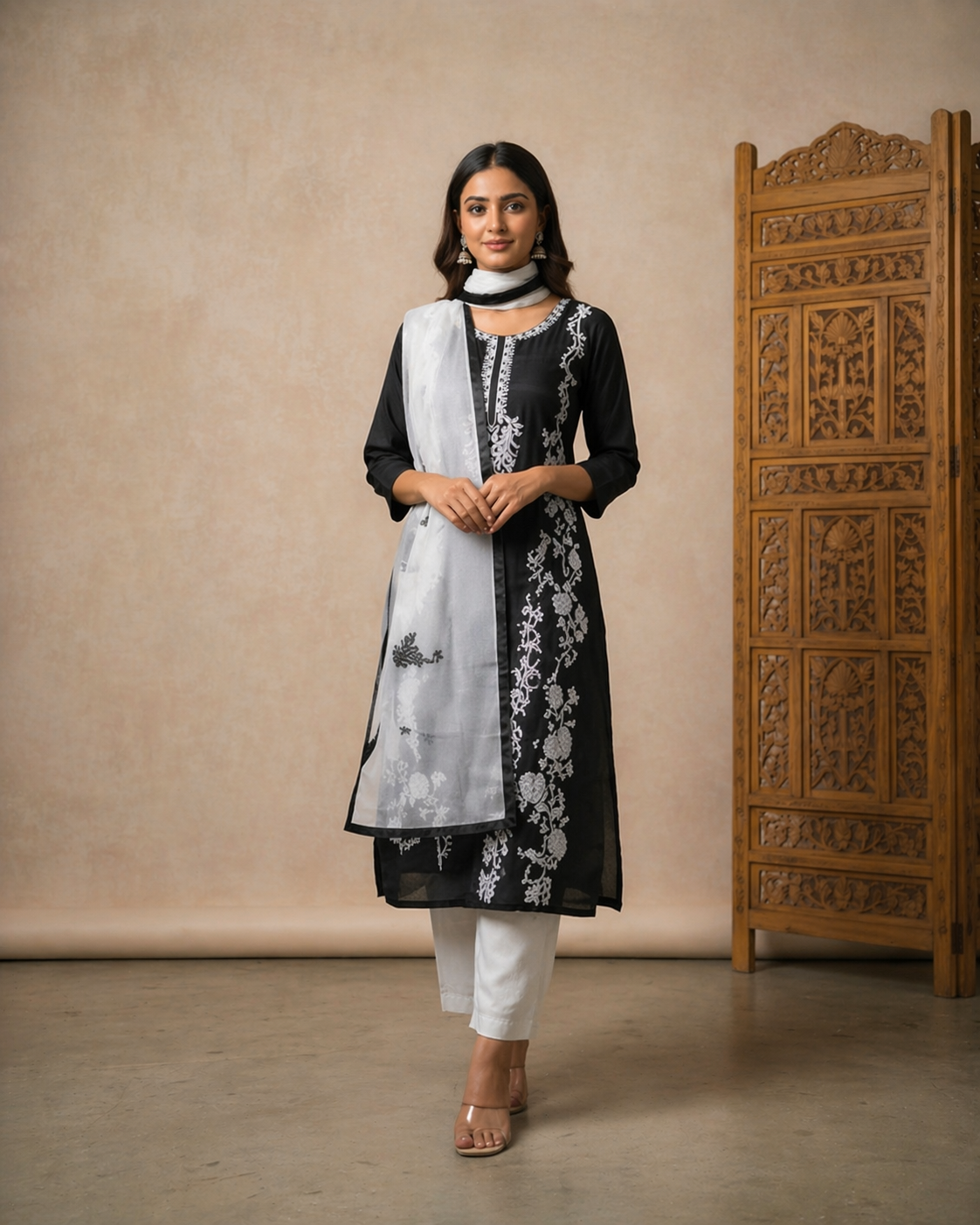 TriVibez Black Embroidered Kurti Set with White Dupatta for Women