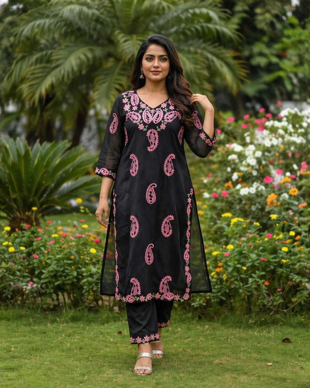 TriVibez Black Embroidered Kurti Set for Women