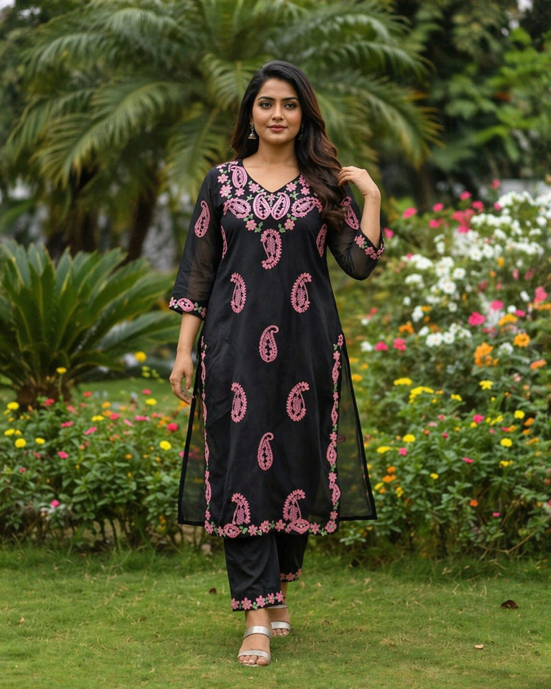 TriVibez Black Embroidered Kurti Set for Women