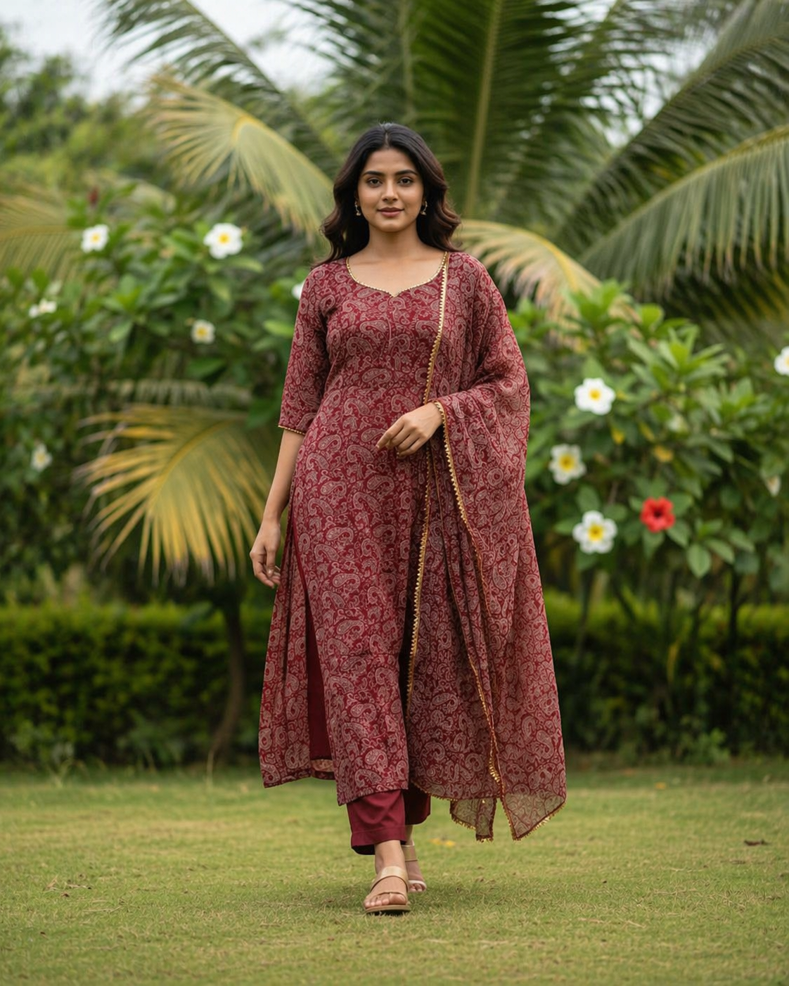 TriVibez Maroon Printed Kurti Set for Women