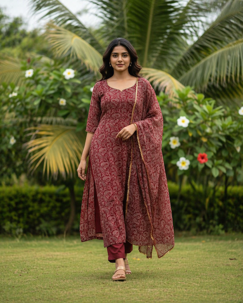 TriVibez Maroon Printed Kurti Set for Women