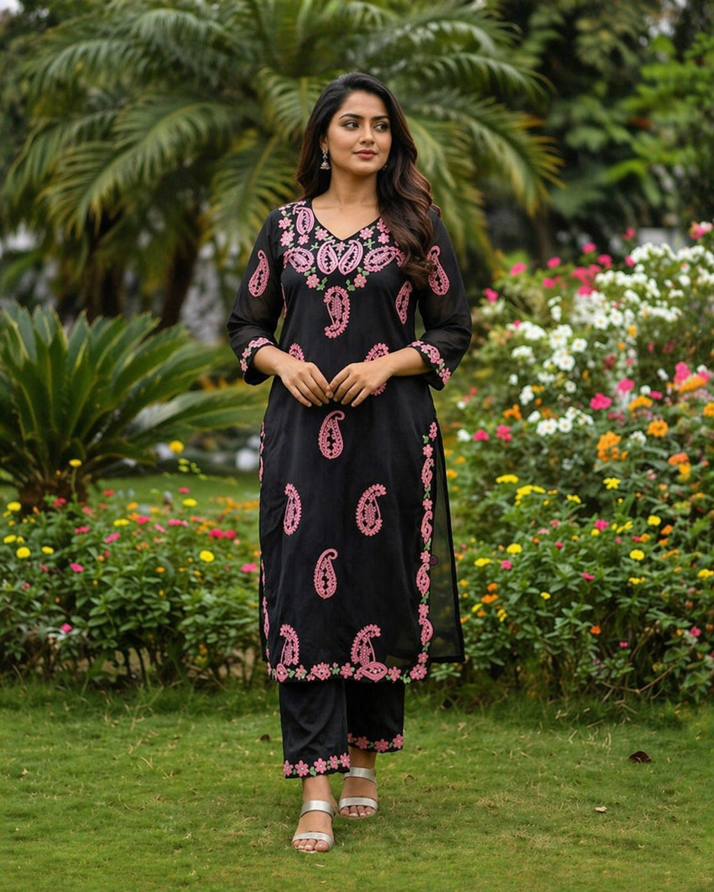 TriVibez Black Embroidered Kurti Set for Women