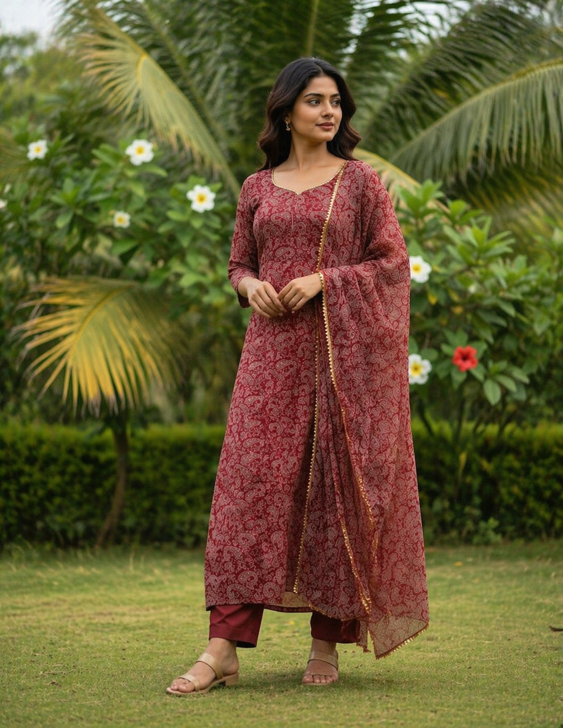 TriVibez Maroon Printed Kurti Set for Women